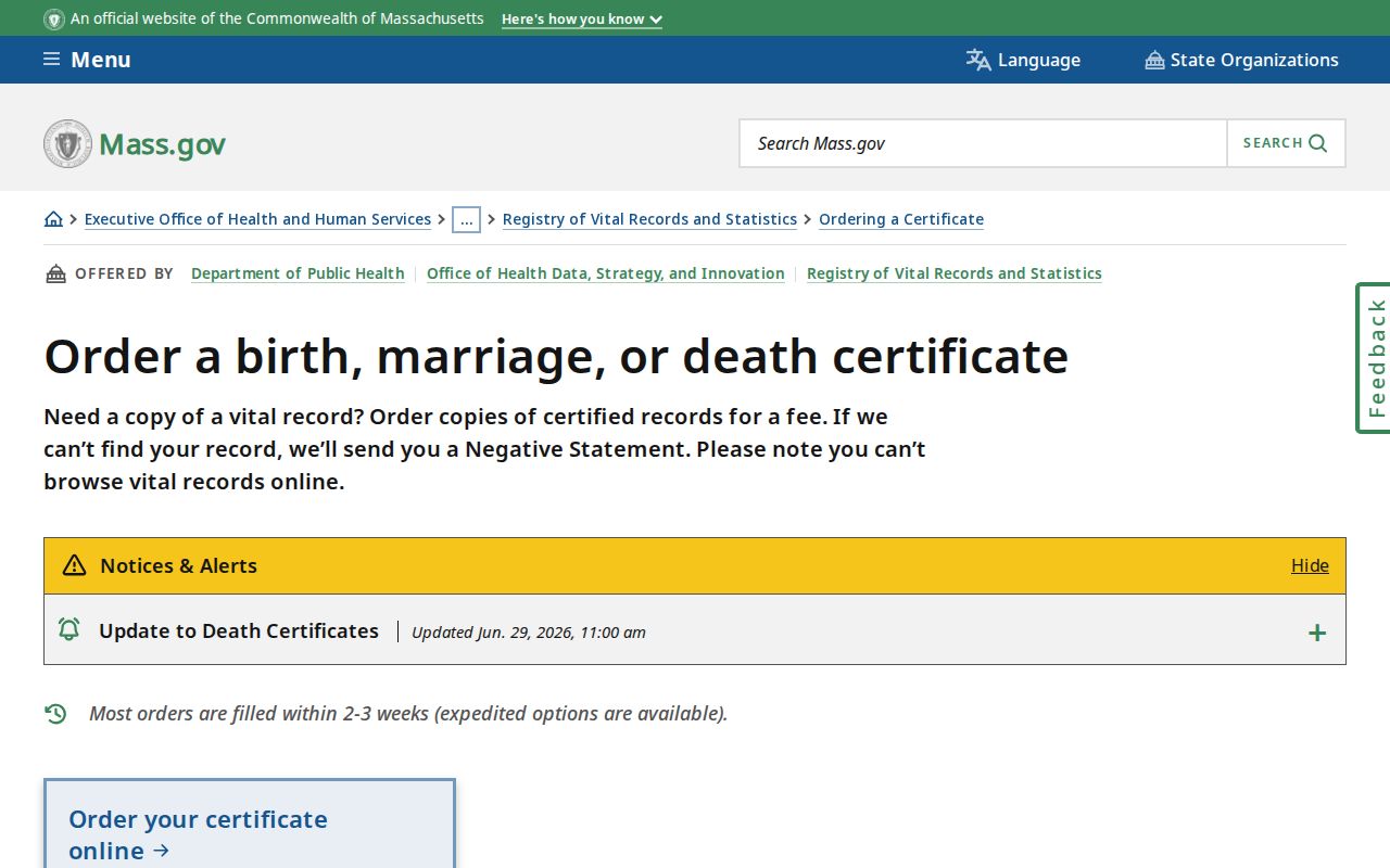 Arlington residents directory view of Massachusetts vital certificate ordering options